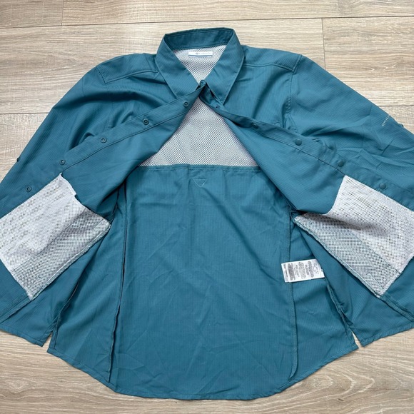 NEW Colombia PFG Blue Tamiami Snap Button Roll Tab Long Sleeve Outdoors Medium - Picture 4 of 8